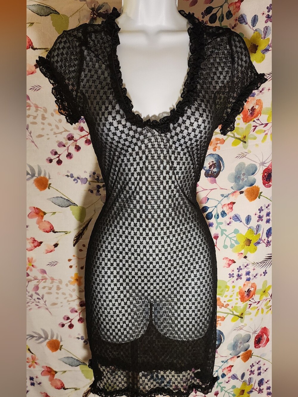 emory park Black Sheer Lace Short Sleeve Slip